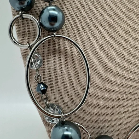 Lia Sophia silver tone and grey faux pearl extra long necklace - Picture 2 of 5